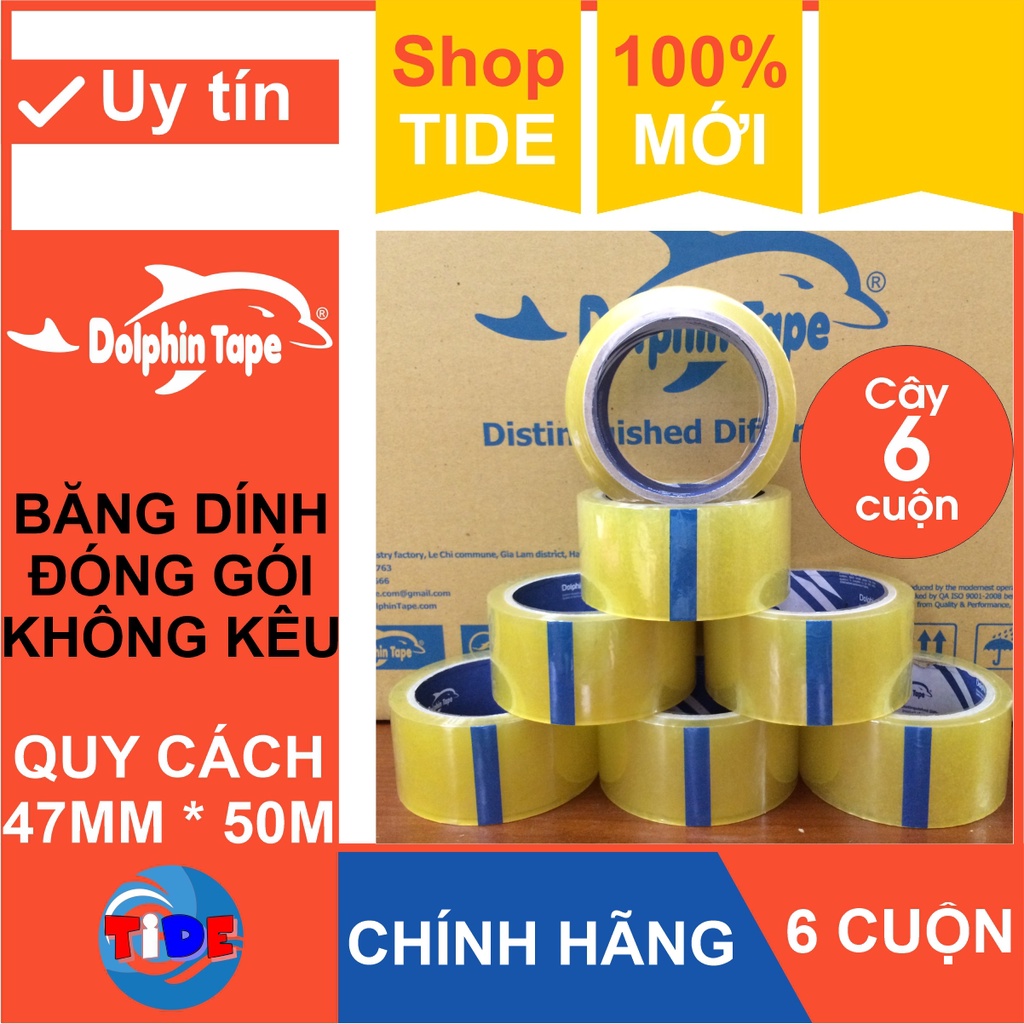 6 cuộn (48mm x 50M) Băng dính không kêu Dolphin – Băng keo OPP không ồn khi sử dụng – Chuyên dùng đóng gói hàng hoá