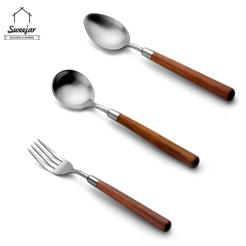 Sweejar 1 Muỗng Nĩa Bằng Thép Không Gỉ 304 Tay Cầm Gỗ Óc Chó