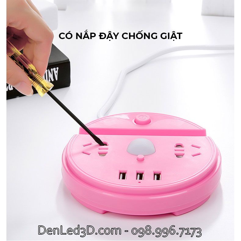 Ổ Cắm Điện Tròn R23 3 Cổng USB Chống Giật, Có Đèn Ban Đêm, Kèm Đế Điện Thoại, Chịu Tải 2500W