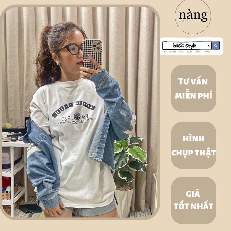 Áo phông cotton EDDIE BAUER hàng chuẩn loại 1 freesize nam nữ <70kg trắng đen- Nàng Basic Style