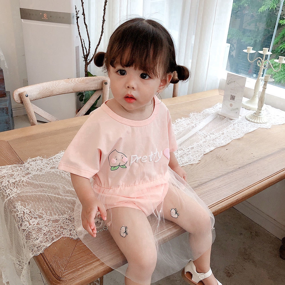 Bộ Áo Liền Quần Tulle Công Chúa Phong Cách Hàn Quốc Kèm Băng Đô Dành Cho Bé Gái Sơ Sinh