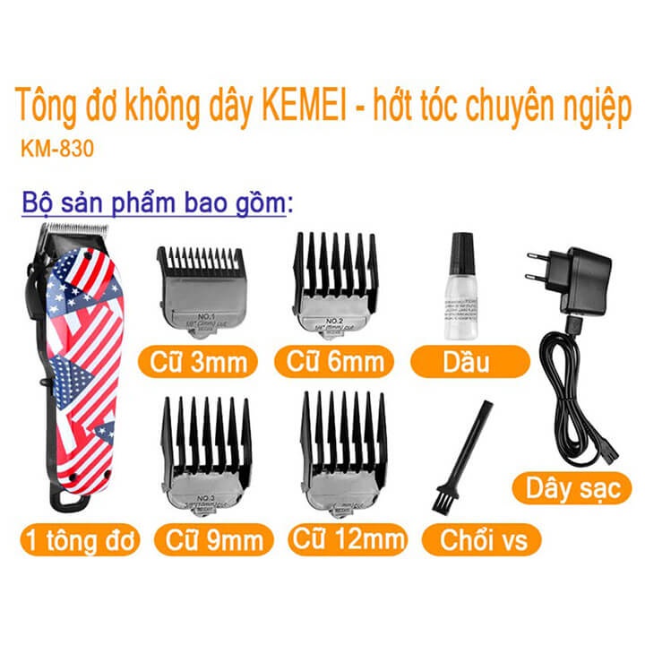 Tông đơ cắt tóc không dây chuyên nghiệp Kemei KM-830 cao cấp, cắt tóc nam nữ, trẻ em dùng trong Salon và gia đình