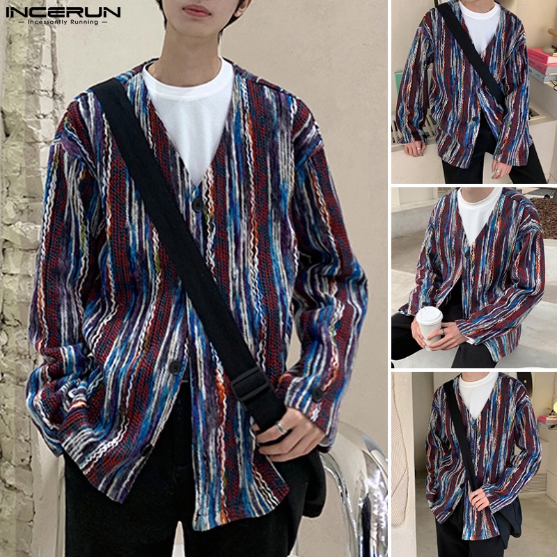 Áo dệt kim INCERUN dài tay cổ chữ V gài nút kẻ sọc nhiều màu phong cách dân tộc cho nam
