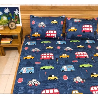 Set 3 món ga/drap và 2 vỏ gối cotton lụa Hàn Quốc mẫu ô tô
