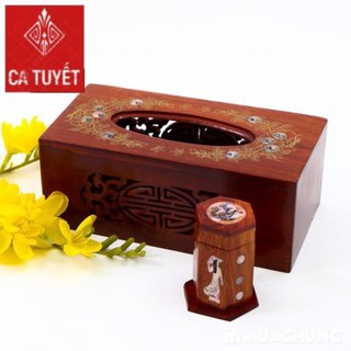 [Xả Hàng] COMBO  Hộp đựng giấy ăn chữ nhật + lọ đựng tăm cao cấp gỗ hương khảm hoa văn.