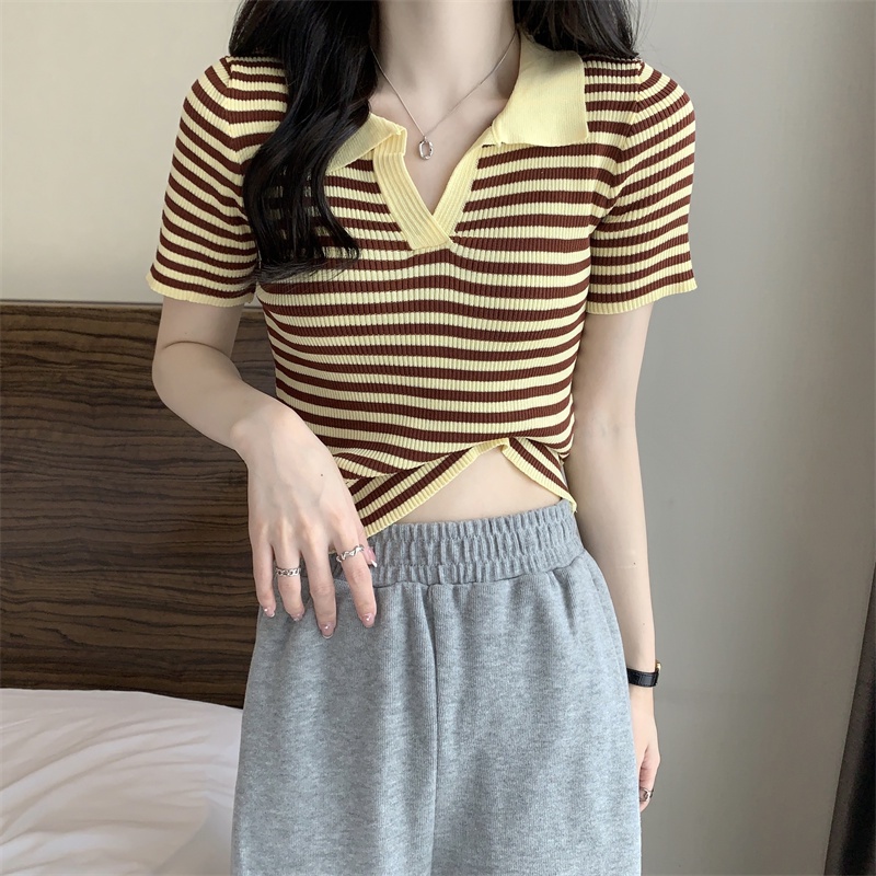 SUXI Áo Croptop Dệt Kim Mỏng Tay Ngắn Kẻ Sọc Thời Trang Mùa Hè Cho Nữ