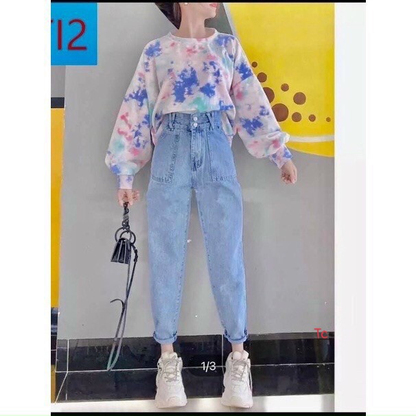 Quần jeans nữ,Quần bò baggy đai chéo túi ốp form đẹp sặn gấu màu xanh | BigBuy360 - bigbuy360.vn