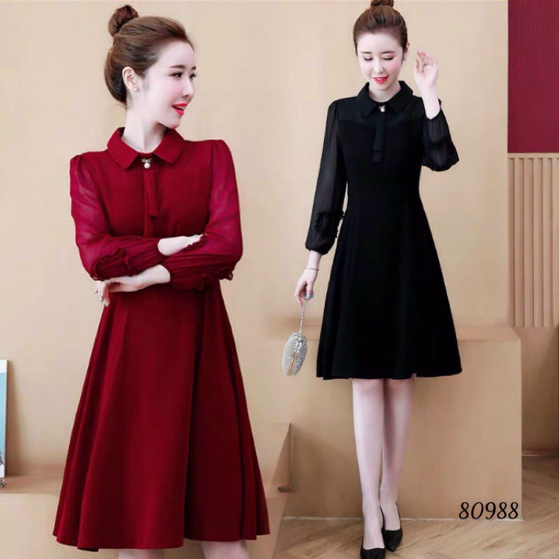 🎋Đầm xoè cổ peter pan nơ đính đá tay voan (M, L, XL, 2XL)