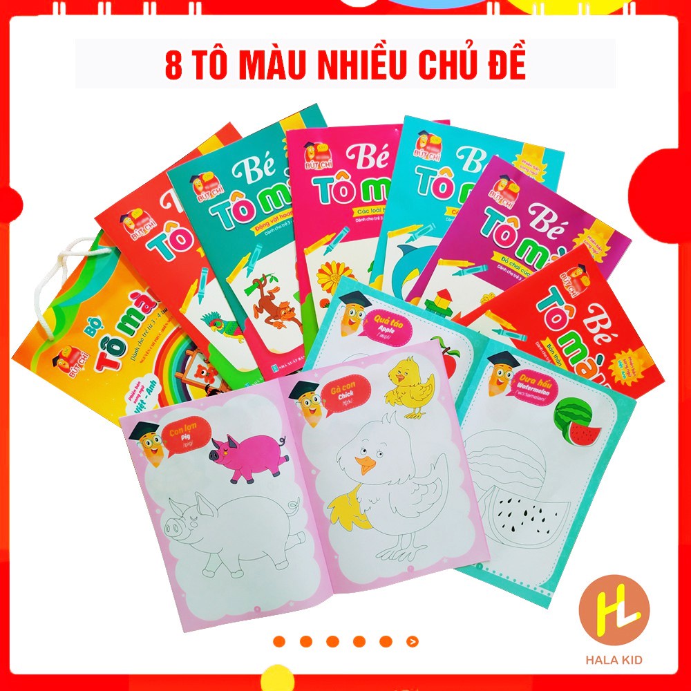 Bộ 8 tập TÔ MÀU HÌNH LỚN nhiều chủ đề sinh động cho bé 3-4 tuổi - Hala Kid