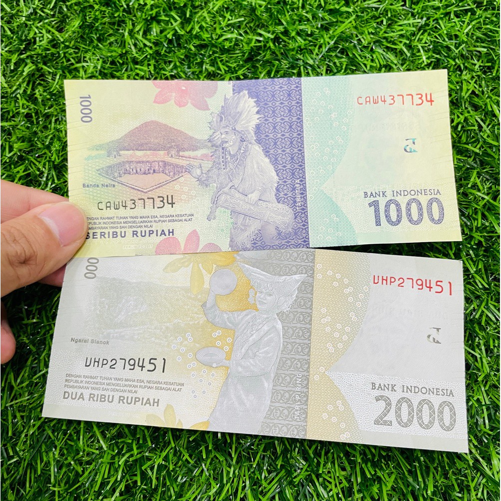 Cặp tiền Indonesia 1000 2000 Rupiah (2 tờ) vũ công múa, mới 100% UNC, KM bao lì xì