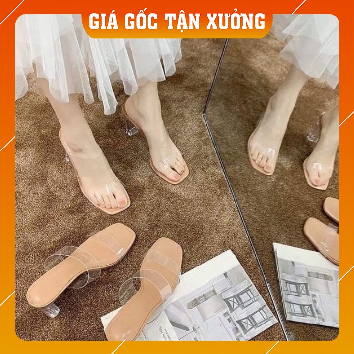 Guốc cao gót 2 quai trong suốt mũi vuông 9 phân [TUYỂN SỈ VÀ DROP]