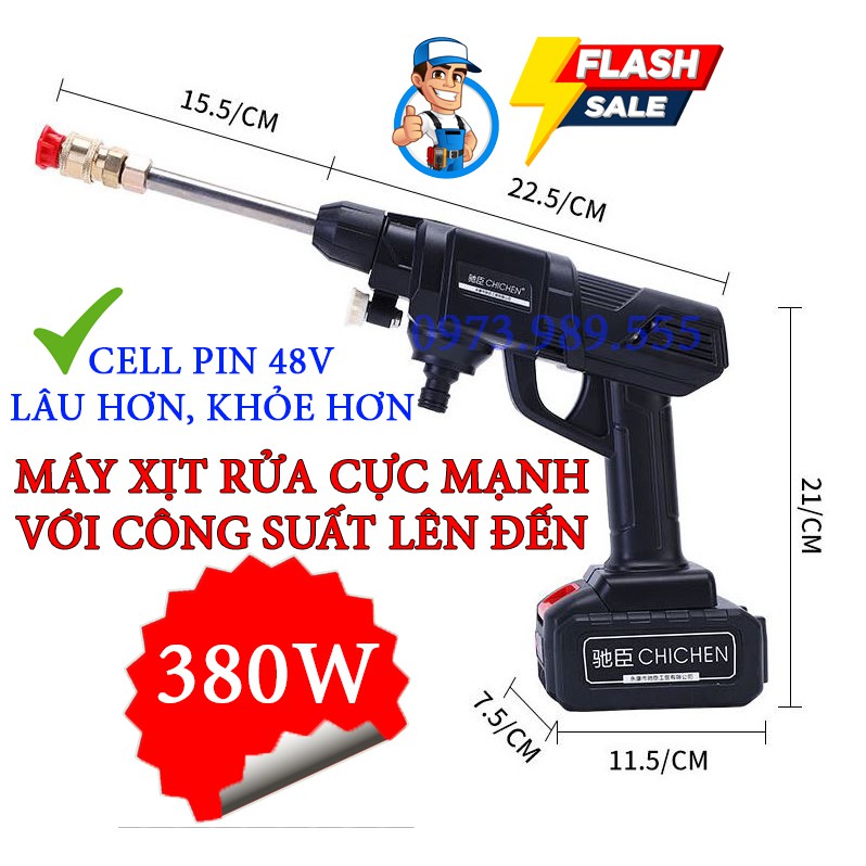 Máy xịt rửa xe, sân vườn dùng pin. Công suất 380W mạnh mẽ, điện áp 48V