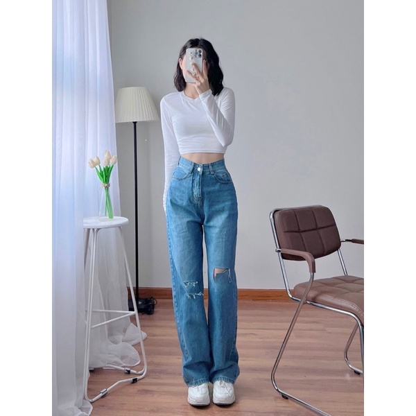 Quần suông jeans rách Cá tính- xinh đẹp(k kèm nịt)