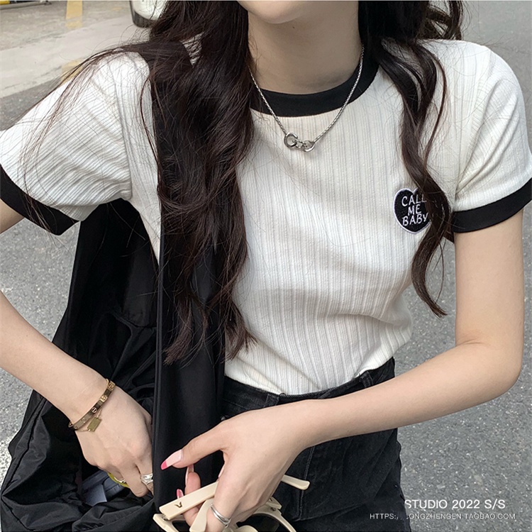 Porozi  Áo thun tay ngắn dáng ôm cổ tròn màu sắc tương phản phong cách Hàn Quốc thời trang dành cho nữ