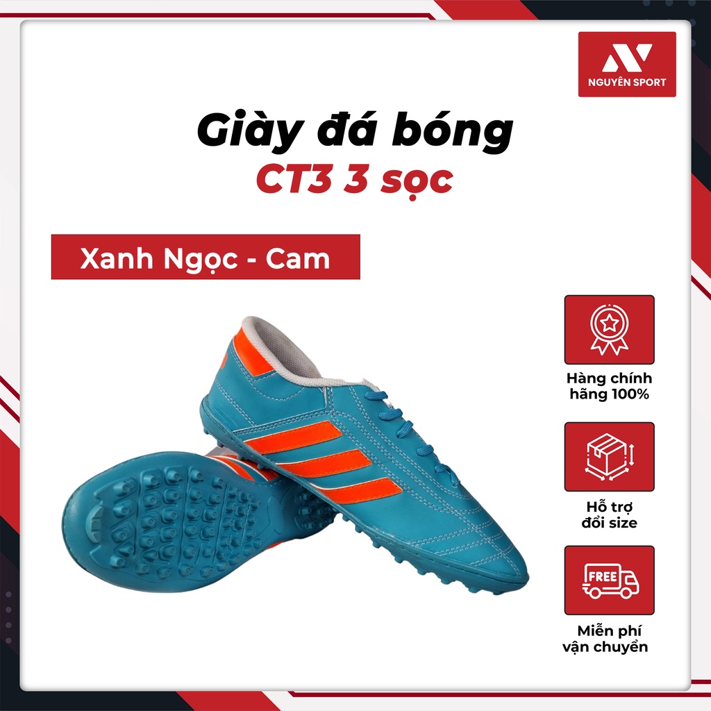 Giày Đá Bóng Thể Thao 3 Sọc CT3 Xanh Ngọc Cam - G008 Nguyên Sport