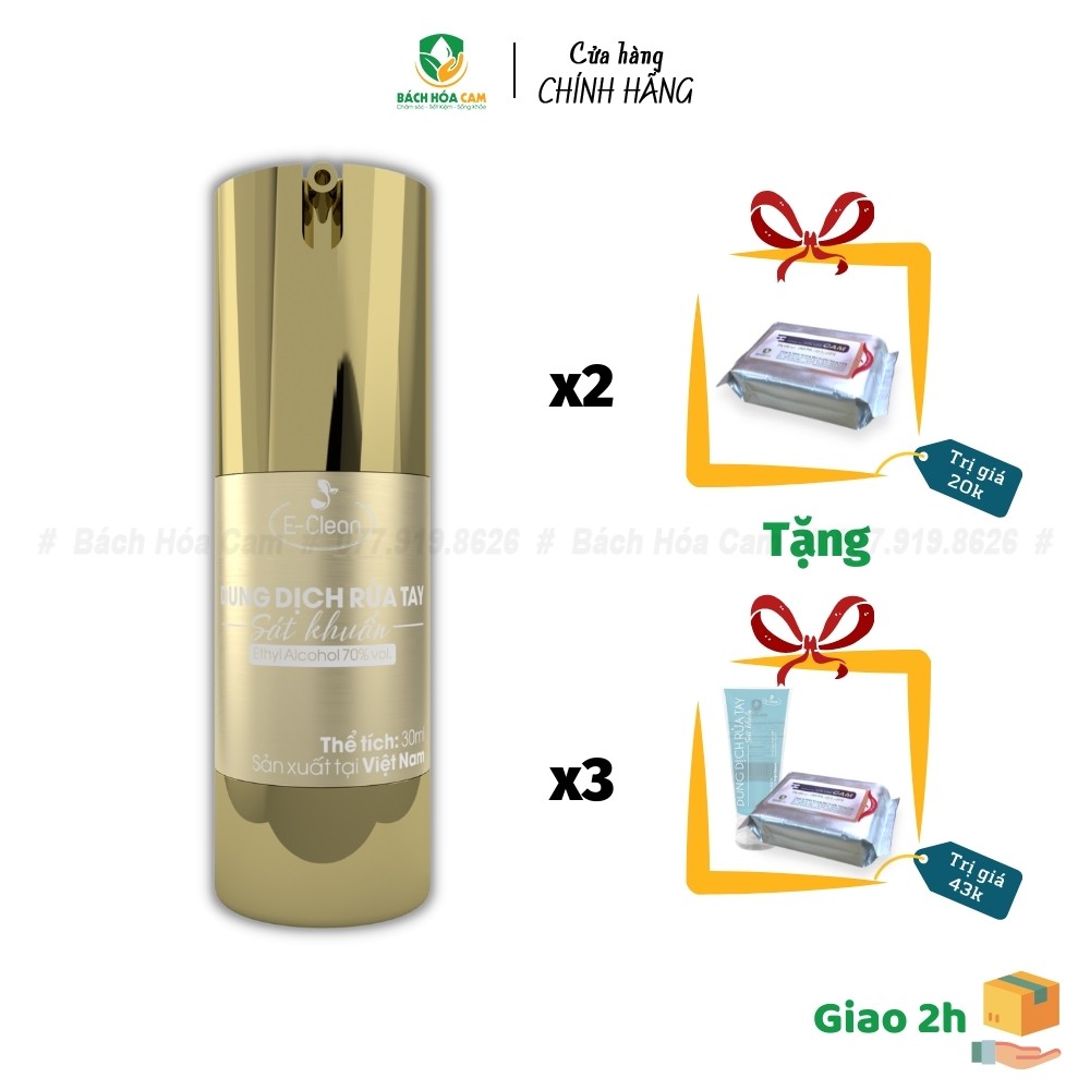 Gel rửa tay khô diệt khuẩn E-Clean 30ml, Thành phần tự nhiên, không gây khô da