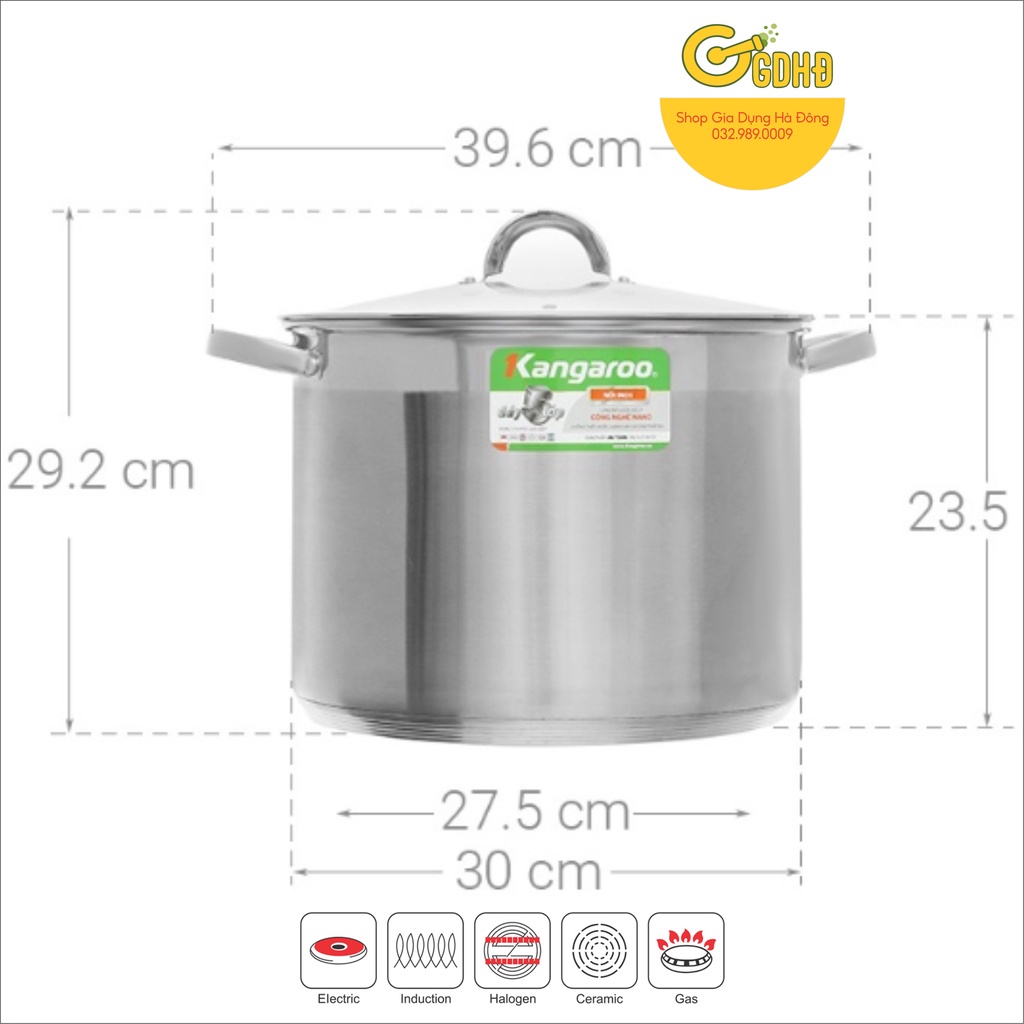 KG122 - Nồi luộc gà inox cao cấp  30cm - 14L, 5 lớp kangaroo, quai inox đinh tán sáng bóng gắnchắc, nồi có thang chia