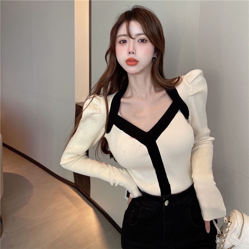 Cardigan Áo Len-Thiết kế cảm giác thích hợp tương phản màu sắc áo len dài tay của phụ nữ áo mới áo len mỏng nhẹ nhàng kết hợp tất cả các kết hợp