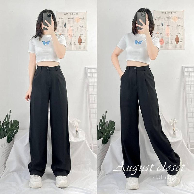 Quần tây ống rộng nữ lưng cao 100cm - Style ULZZANG Hàn Quốc - Vải Cát Hàn - Hack dáng mọi phong cách - Mix đồ cực xinh