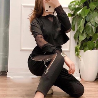 SET ÁO CROPTOP LƯỚI TAY DÀI KHOEN PANT KÈM QUẦN KHOÁ LƯỚI BOX UNISEX