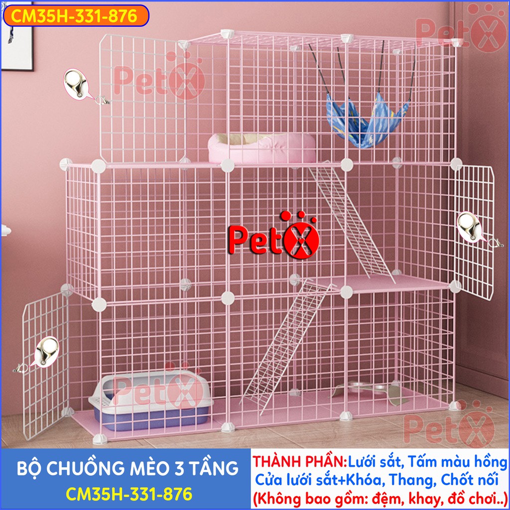 Chuồng mèo 3 tầng, 2 tầng giá rẻ đẹp PetT lắp ghép đa năng đơn giản với lưới sắt sơn tĩnh điện nuôi thú cưng, thỏ, bọ ú