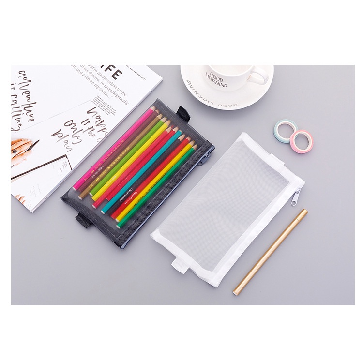 Túi đựng bút lưới xuyên thấu 2 màu trắng đen, đơn giản, sang trọng