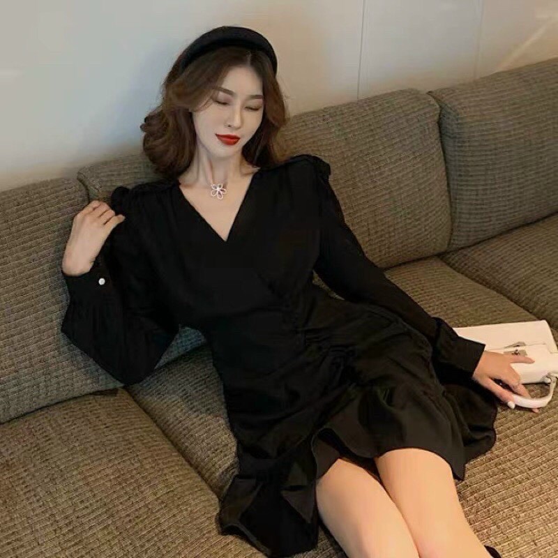 Váy đầm nữ dáng suông đuôi cá vai bèo tay dài cổ đắp chéo