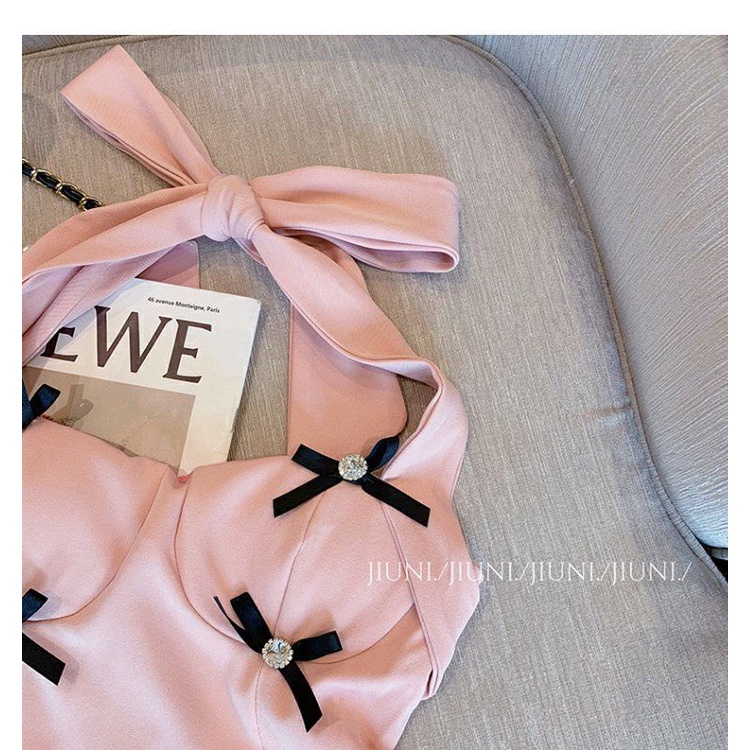 The bow is sweet, spicy, sexy, hanging neck jacket, female high-end French style 2022 new pink summer dress temperament socialite