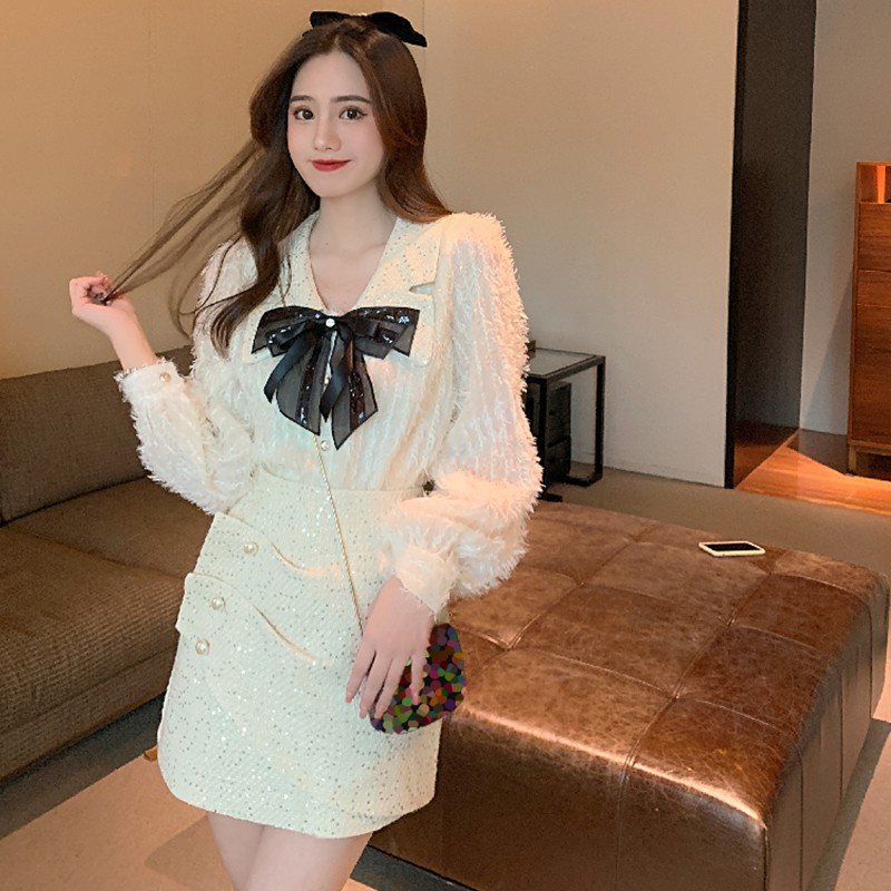 [HÀNG CÓ SẴN] Áo sơ mi lông phối chân váy dạ tweed ánh kim tiểu thư , set váy xinh hàng Quảng Châu