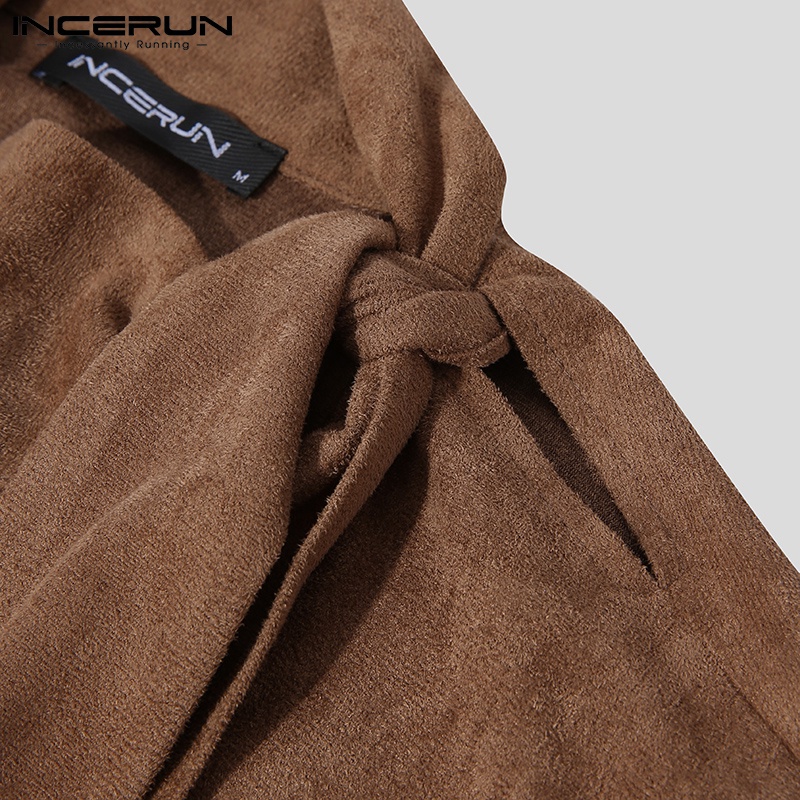 Áo INCERUN Dáng Rộng Tay Dài Cổ Phối Dây Thắt Màu Trơn Thời Trang Cho Nam