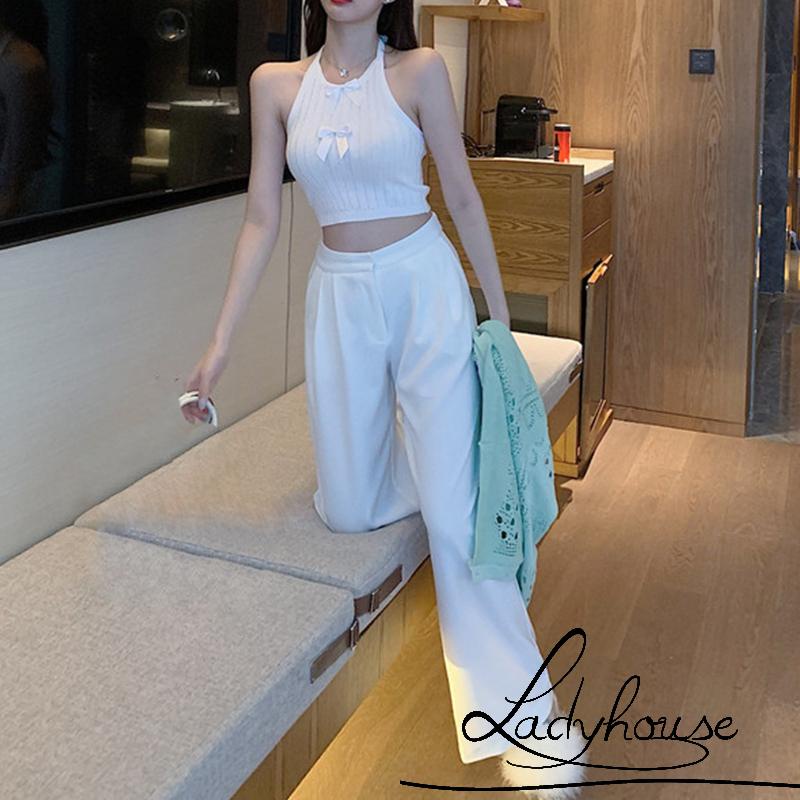 LD-Women Summer Crop Tops, Bowknot Decorative Halter Neck Sleeveless Backless Knit Tank Tops for Girls,