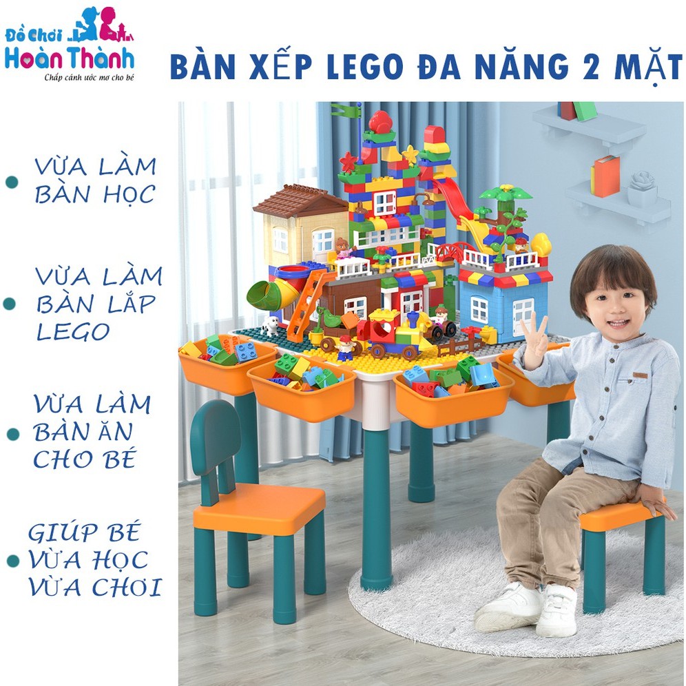 Bàn xây dựng đa chức năng cho trẻ em, đồ chơi lắp ráp, xếp hình Lego cho bé thông minh