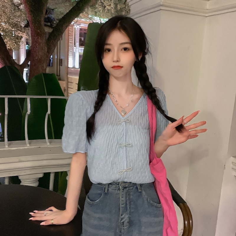 【ZHELIHANGFEI】Áo Dệt Kim Tay Phồng Đính Nơ Ngọt Ngào Thời Trang