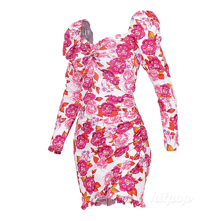 Hitpop-Women Spring Floral Dress, Rose Print Square Neck Long Sleeve Ruffle One-Piece for Ladies, Pink, S/M/L