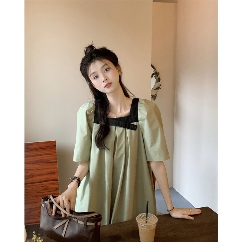 Plus Đầm Midi Cổ Vuông Tay Ngắn Dáng Rộng Thời Trang Mùa Hè Hàn Quốc 2022 Cho Nữ