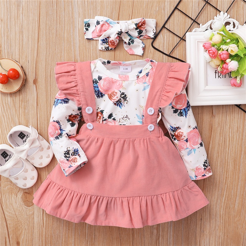 Set đồ MIKRDOO gồm áo liền quần tay dài in họa tiết hoa + váy yếm + băng đô thời trang mùa thu cho bé gái