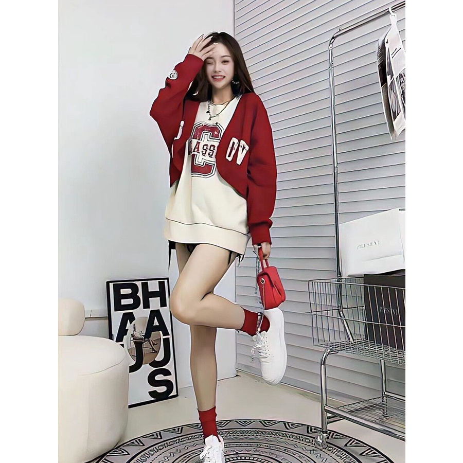 Áo Khoác Bóng Chày Dài Tay Giả Hai Lớp Dáng Rộng Phong Cách Mỹ Mới Mùa Thu Cho Nữ
