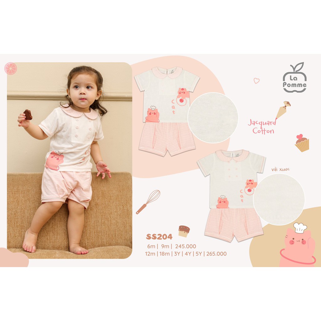 Bộ La Pomme Cotton cao cấp mềm mịn thoáng mát nhẹ da cộc tay cổ cánh hoa in mèo đầu bếp đáng yêu cho bé gái SS204