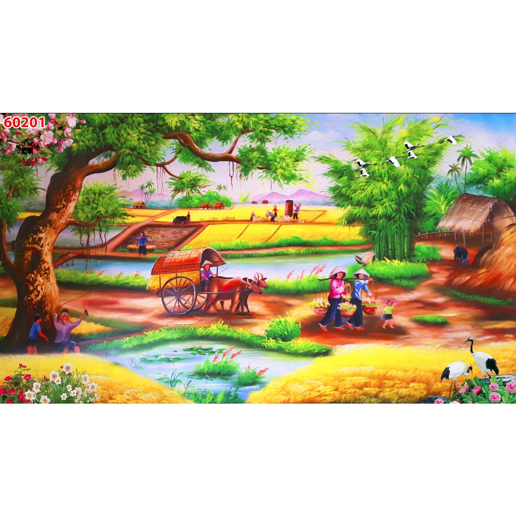 Tranh Làng Quê Cày Ruộng, Gặt Lúa, Chăn Trâu, Cắt Cỏ 3D hình ảnh chân thực, sắc net, kênh mương, ngày mùa