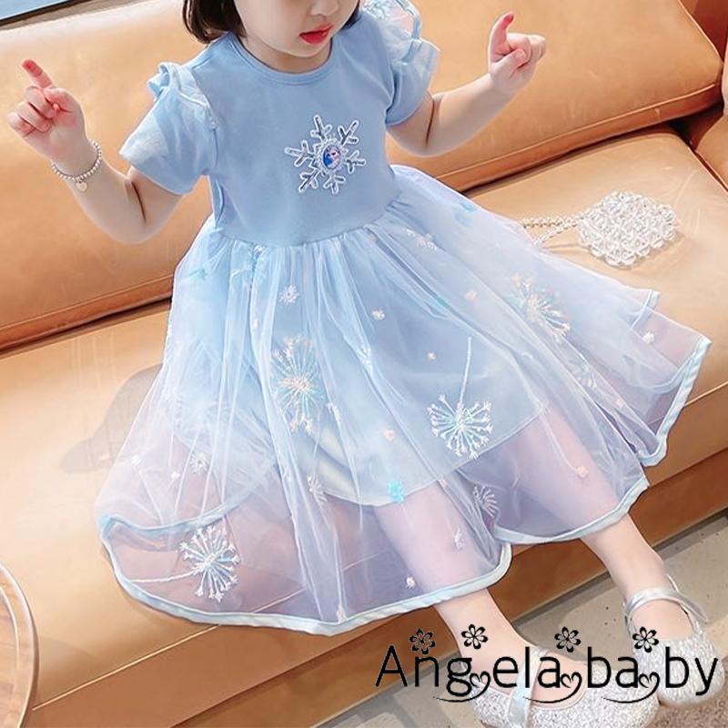 Đầm công chúa phối lưới tay ngắn họa tiết bông tuyết ngọt ngào cho bé gái