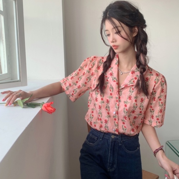 【ZHELIHANGFEI】Áo Sơ Mi Hoa Dài Tay Lưng Cao Xinh Xắn Dễ Phối Đồ