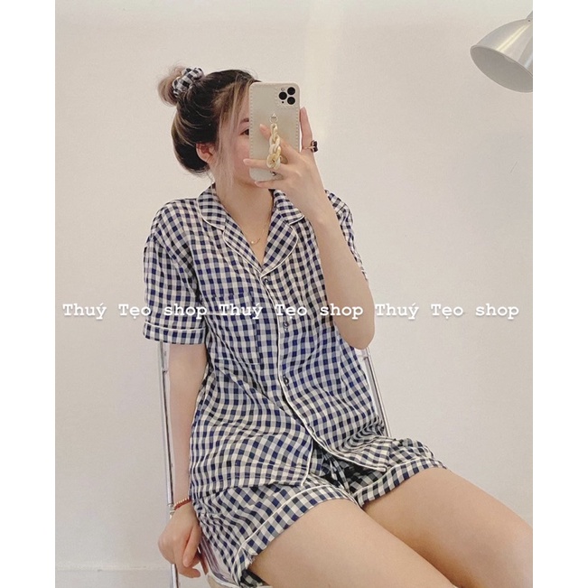 BỘ PIJAMA KẺ CARO CỘC TAY QUẦN ĐÙI - Bộ pijama kẻ mặc nhà