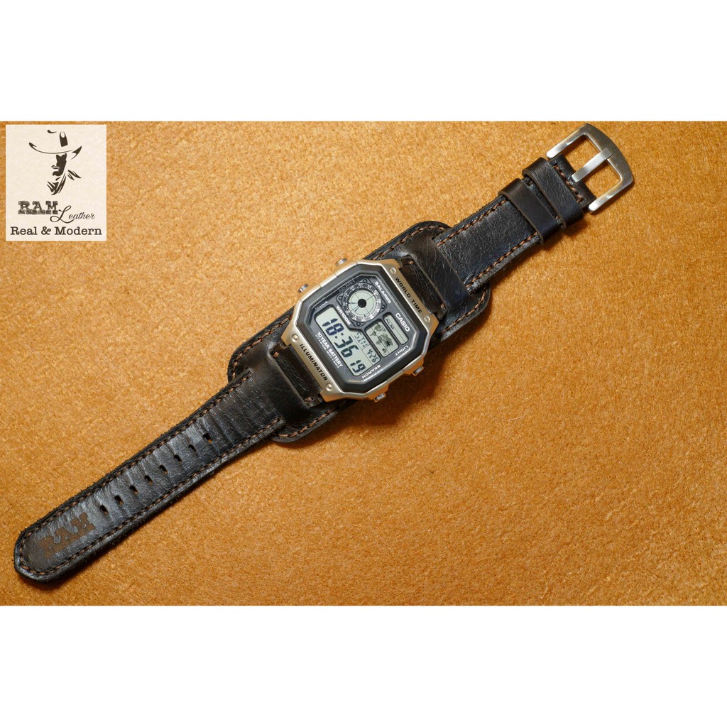 Dây đồng hồ da bò đen tuyền RAM Leather b1+black - Tặng khóa, chốt, cây thay dây