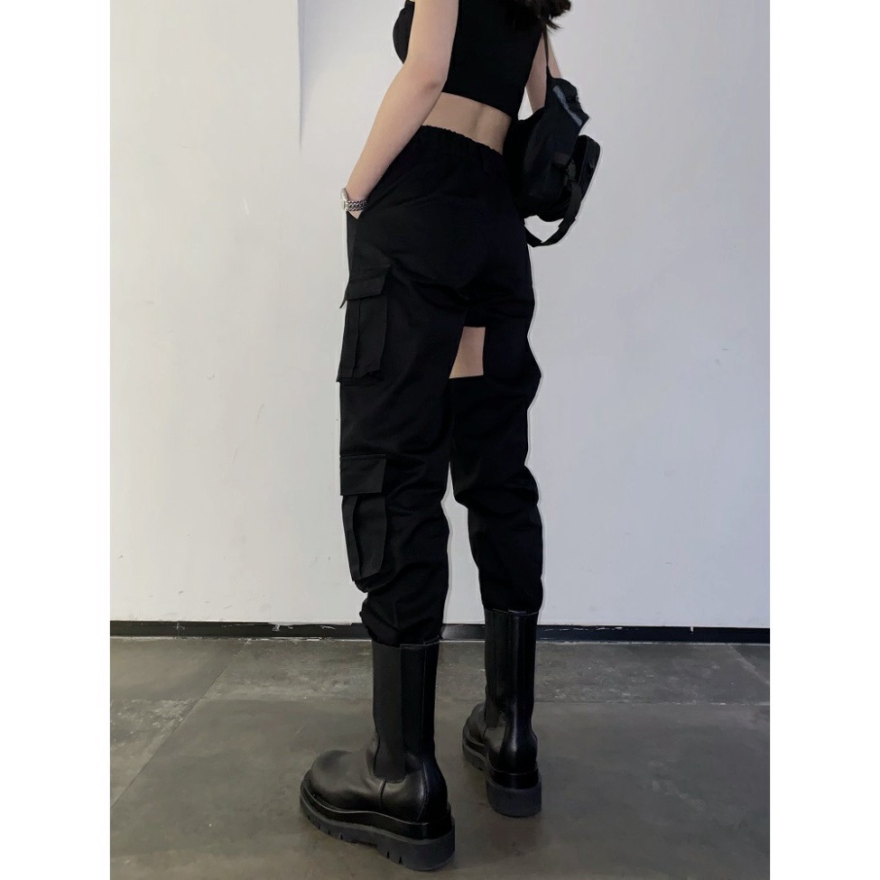 Quần jogger hở đùi dây nối ống suông sexy, quần nhảy hiphop phong cách Châu Âu