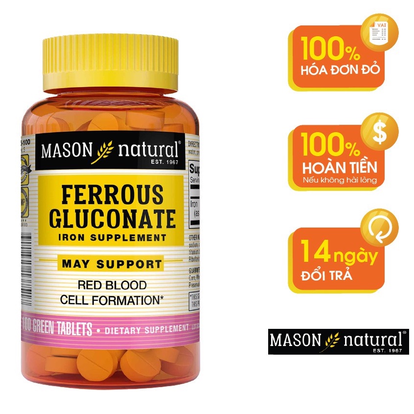 Viên uống bổ máu,bổ sung sắt hữu cơ Mason natural Ferrouse Gluconate.Lọ 100 viên