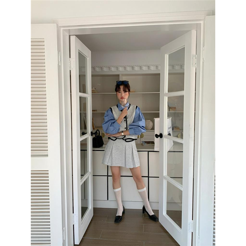 Áo Sơ Mi Nữ Dài Tay Màu Trắng / Xanh Dương Kiểu Pháp 61611