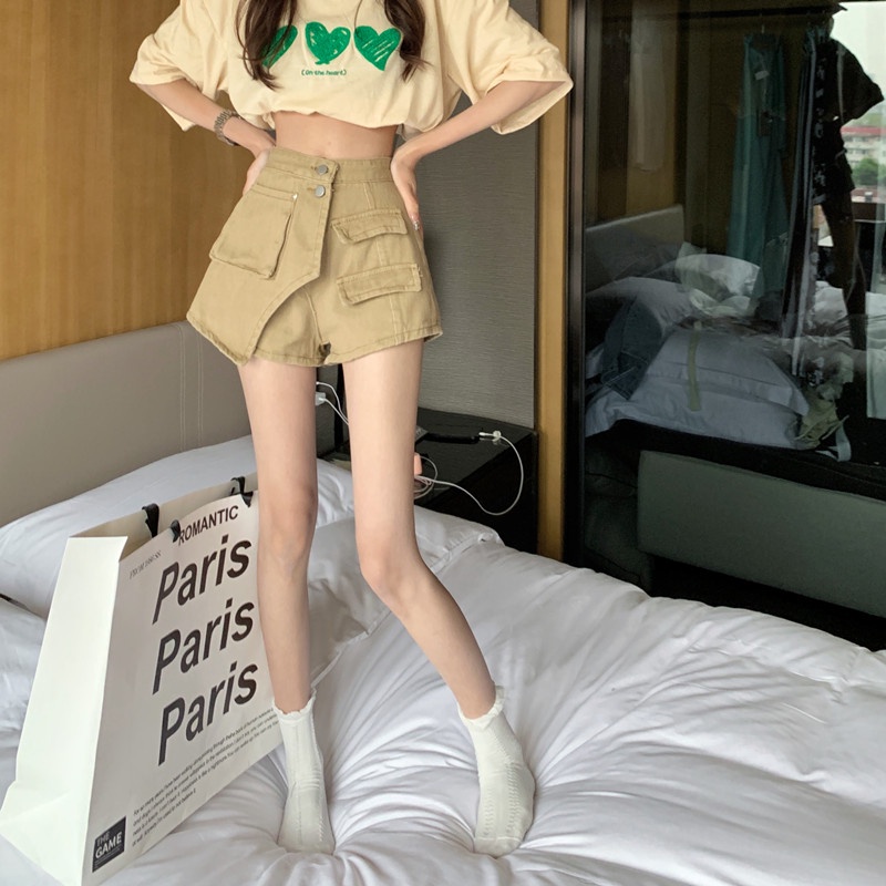 Quần Short denim Chữ A Ống Rộng Phong Cách retro Dành Cho Nữ