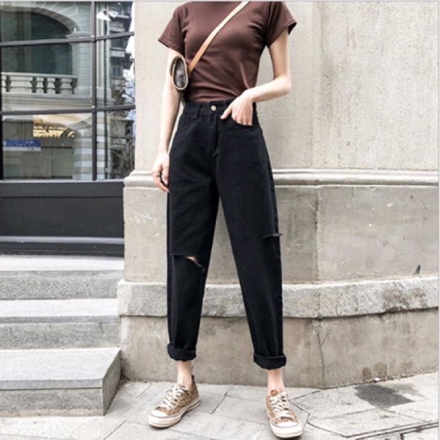 Quần jeans nữ Bingshop dáng baggy unisex rách đùi lưng cao vải đẹp freeship | WebRaoVat - webraovat.net.vn