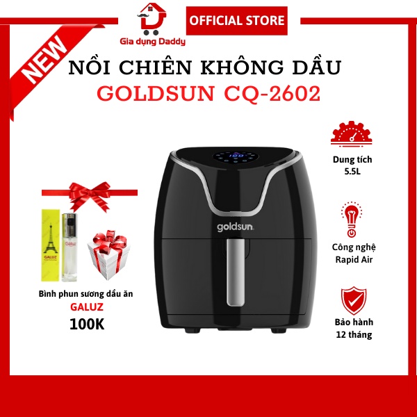 Nồi chiên không dầu chống dính Goldsun CQ2602 Dung Tích 5.5 lít, Bảo hành 12 tháng, Tặng kèm bình phun sương dầu ăn