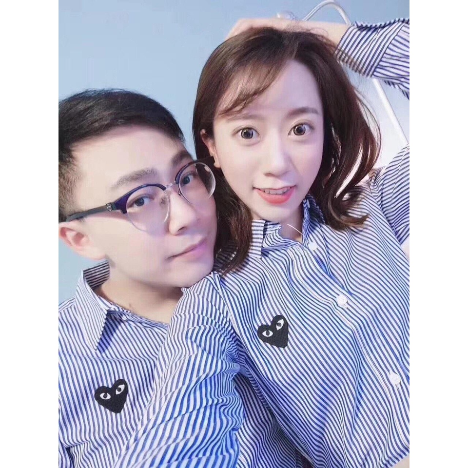 ❤❀  ❤ Áo Sơ Mi Tay Dài Vải Cotton Kẻ Sọc Thêu Hình Trái Tim Thời Trang Cho Các Cặp Đôi
